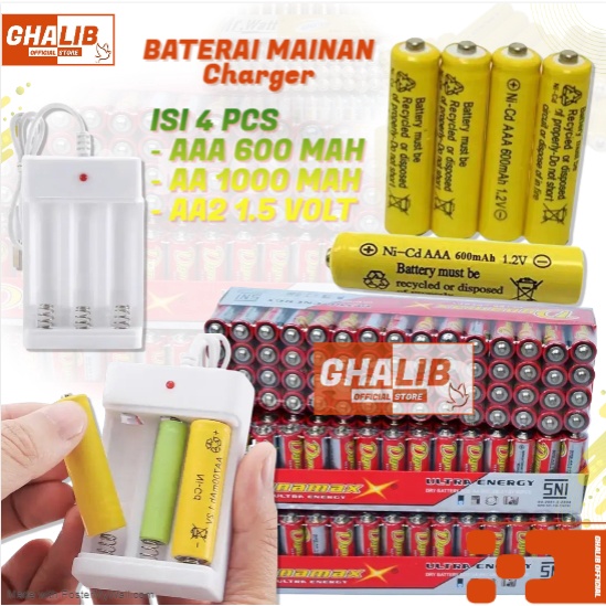 Baterai CAS Charger AA 1000 MAH Dan Baterai Cas Charger AAA 600 MAH Isi 4 Pcs Serbaguna Batre Mainan