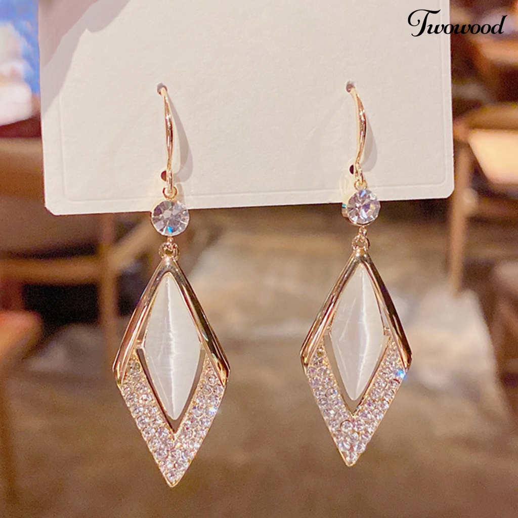 Twowood 1 Pair Rhinestone Shiny Drop Earrings Alloy Faux Opal Rhombus Pendant Hook Earrings Party Jewelry