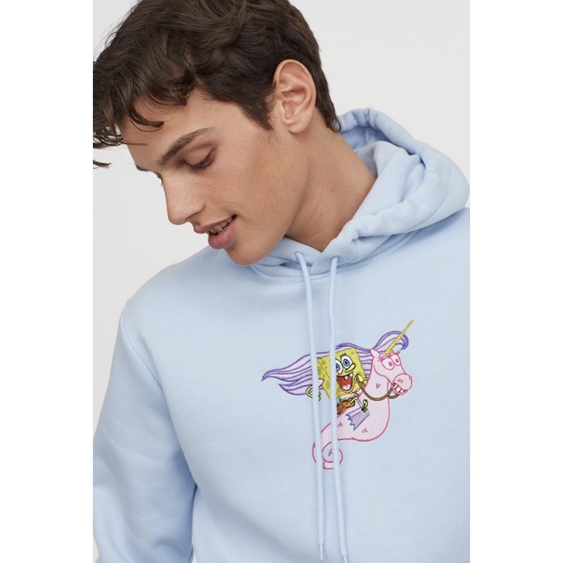 H&M Blue Light Spongebob UNISEX HOODIE 100% ORI