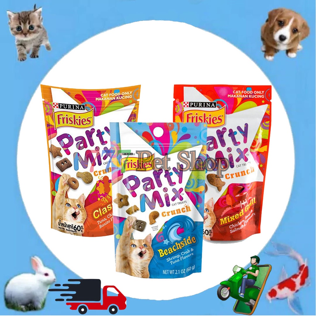 Jual snack kucing FRISKIES PARTY MIX CLASSIC / BEACH SIDE / MIXED GRILL