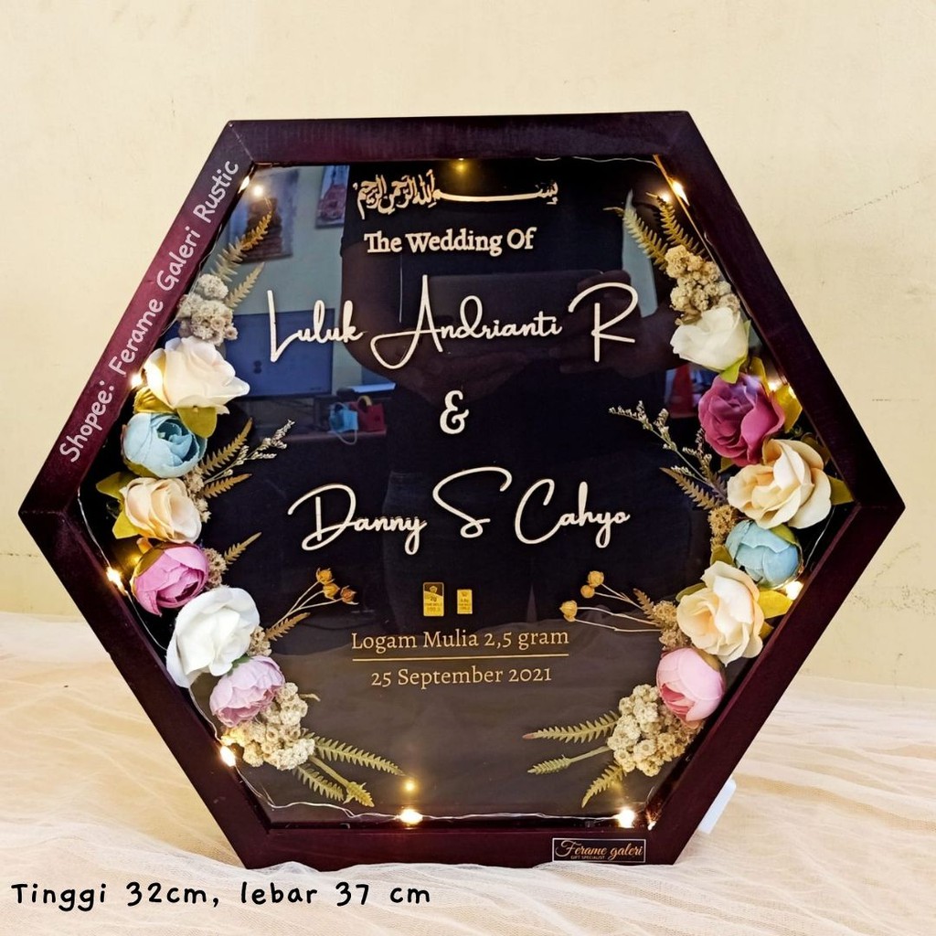 Bingkai Mahar Pernikahan 3D Pop Up Hexagonal Double Flower