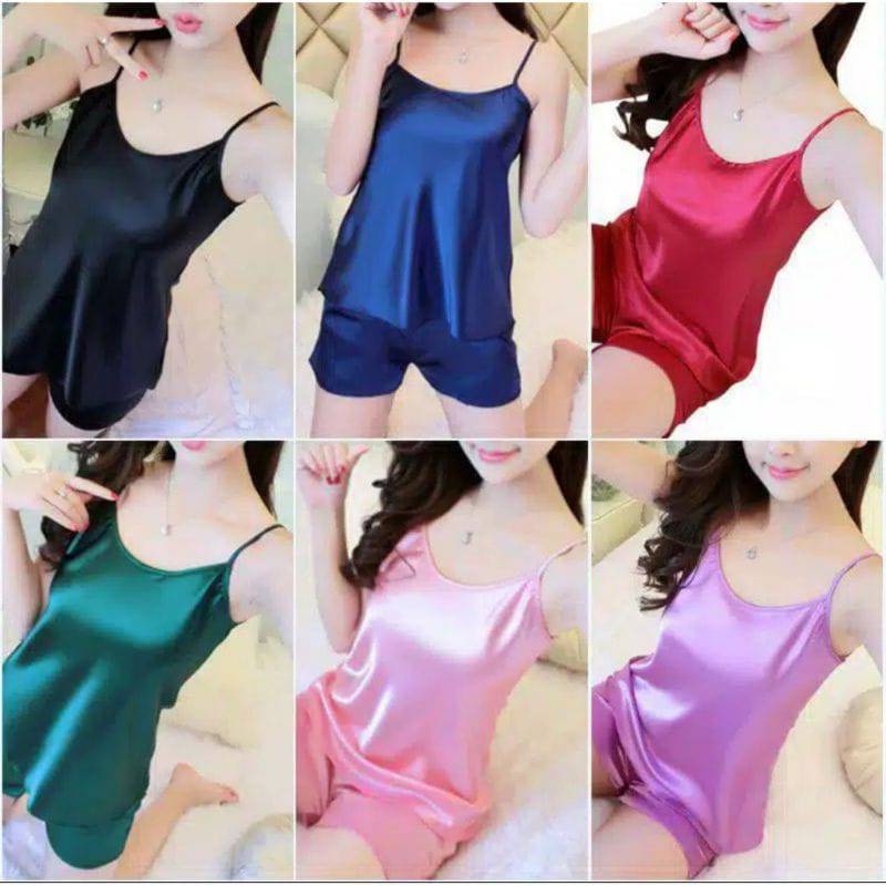 Set Tanktop Satin import / Set kensi satin / Set tank satin import / Piyama sexy fit L