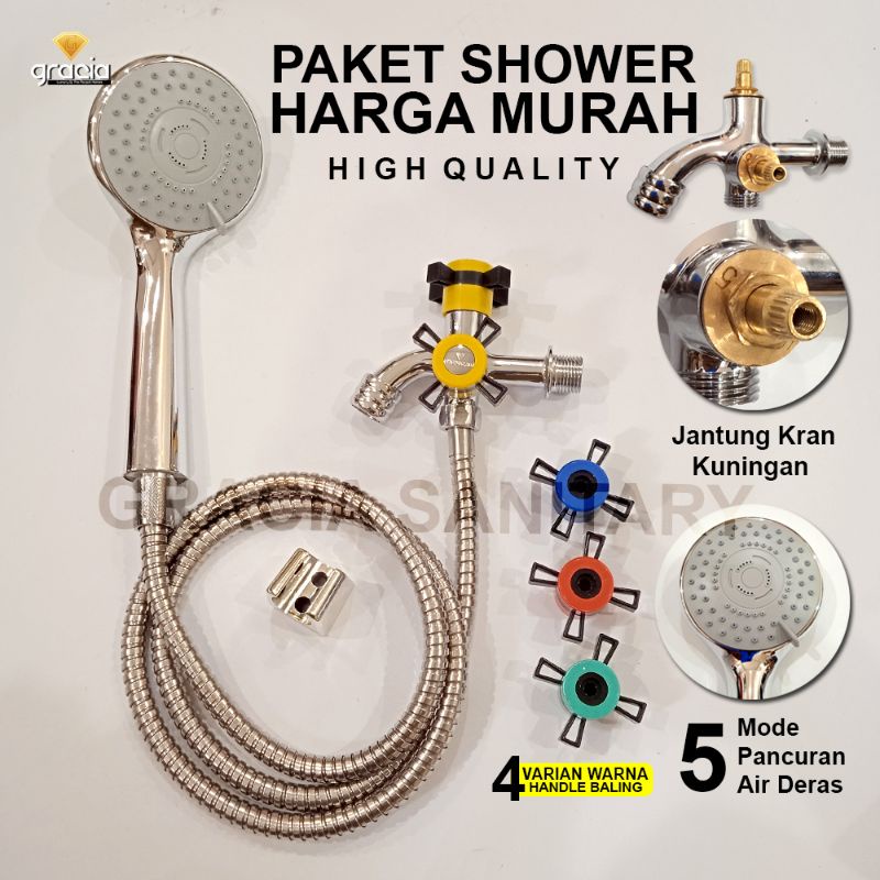 Paket Shower Mandi 1 Set Murah + Kran Air Cabang / Hand Shower 5 Fungsi Pancuran Air / Shower Kamar Mandi Set Hemat Air