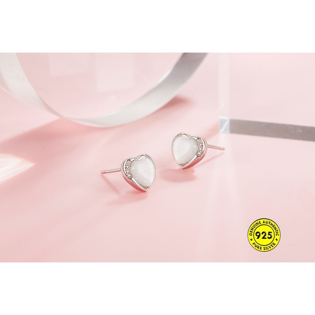 Anting Tusuk Sterling Silver 925 Desain Hati Hias Batu Opal Anti Air / Alergi Untuk Wanita