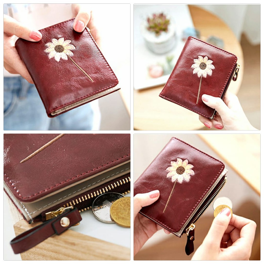 DOMPET WANITA KULIT MERAH LIPAT BUNGA BORDIR IMPORT ABG PREMIUM MURAH KOREA FASHION PAILLY WA049R1