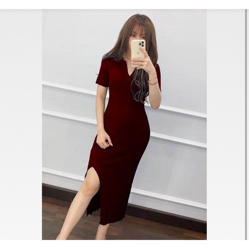 Drees airin rajut long dress wanita lengan pendek