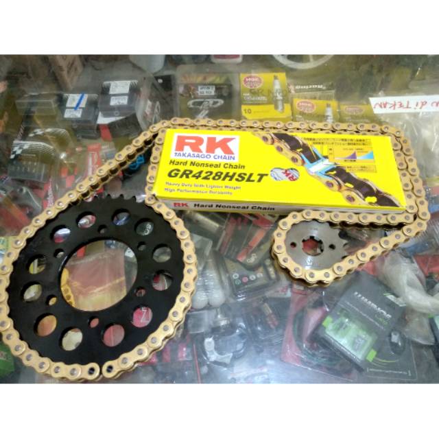 Gear set racing rk-takasago chain 428hslt-130l untuk mxking,vixion,ninja2t,klx,megapro,sonic,cb150r