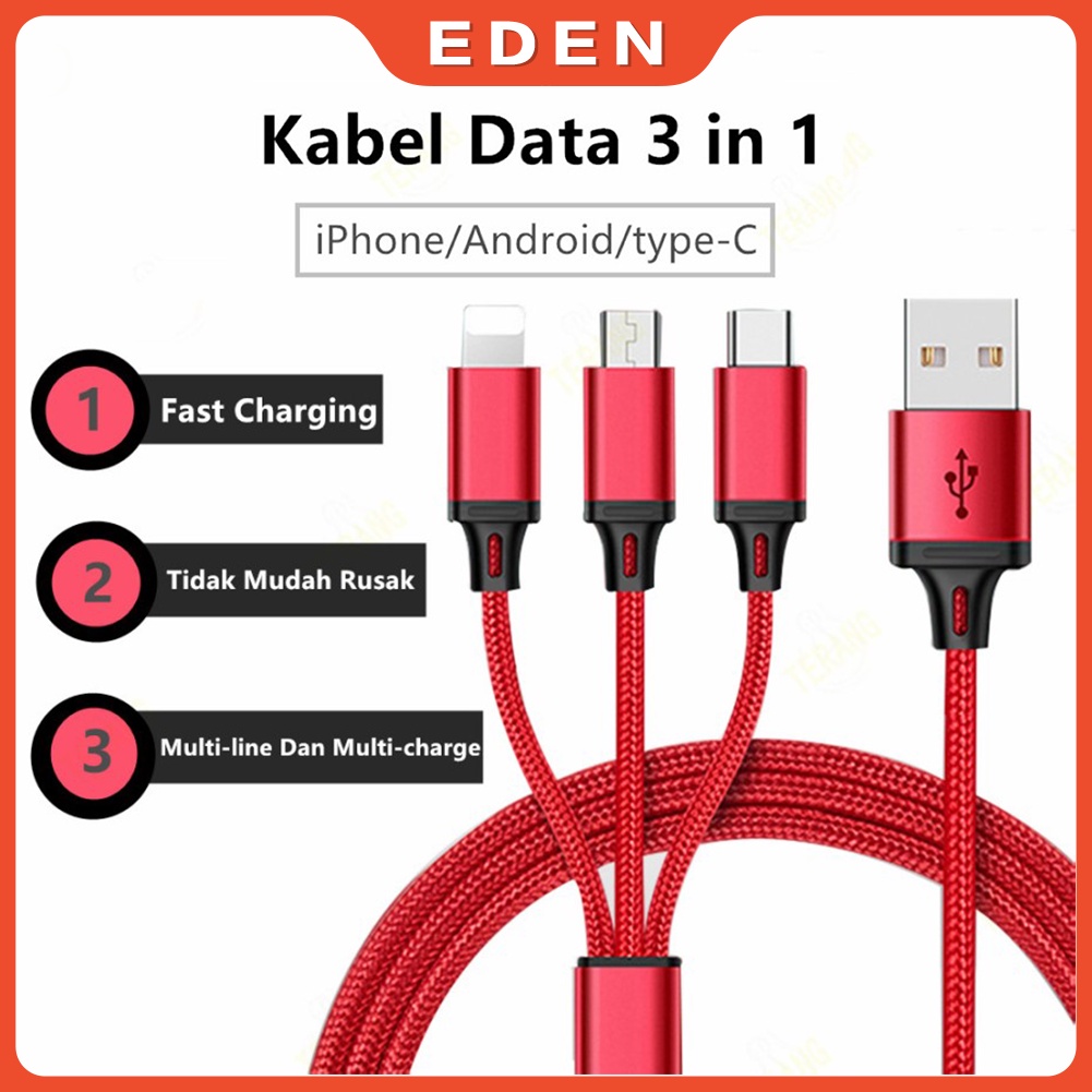 Kabel Charger 3 in 1  Kabel Data USB Charger iOS + Micro USB + Type C Charger