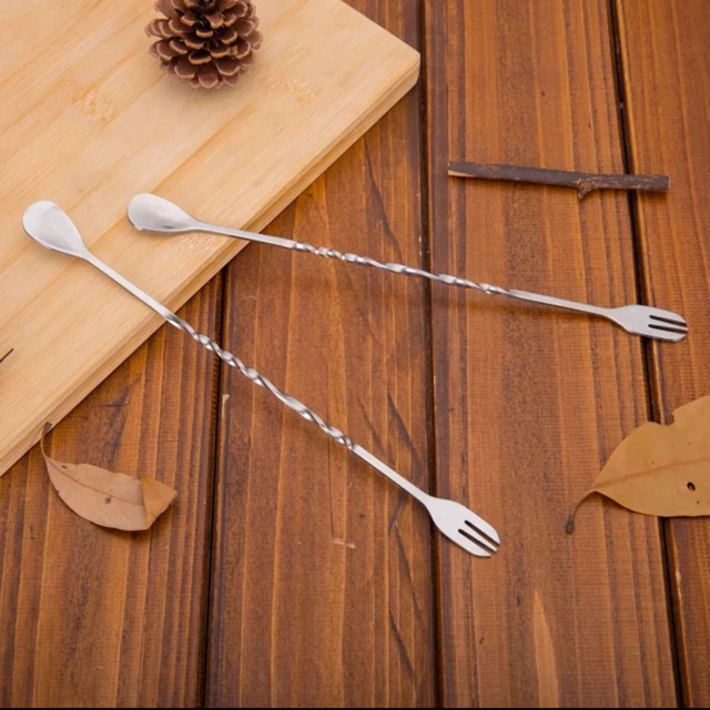 Long bar spoon 24cm stainless steel fork spoon cocktail mixing spoon