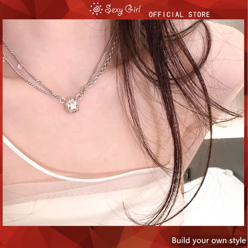 Kalung Rantai Tulang Selangka Kristal Pink Lapisan Ganda Gaya Korea Untuk Wanita