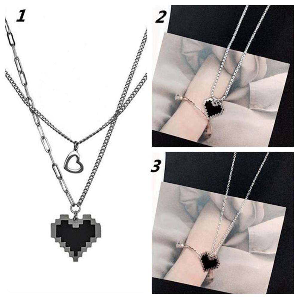 Lily Black Mosaic Love Necklace Trendy Perhiasan Hadiah Wanita Pria Kalung Rantai Double Layer