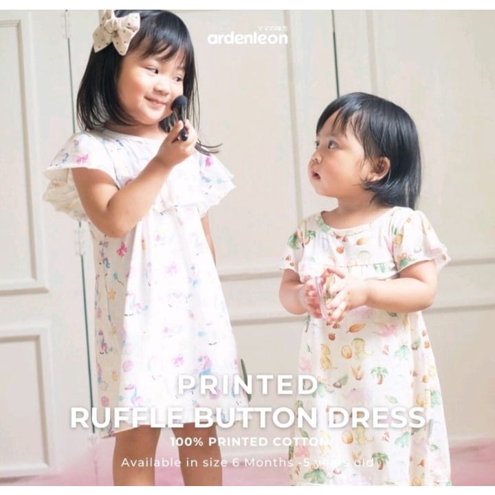 ArdenLeon Basic Wear Button Dress / Ruffle Button Dress Printed / Arden Leon Dress Motif Bayi Anak Perempuan