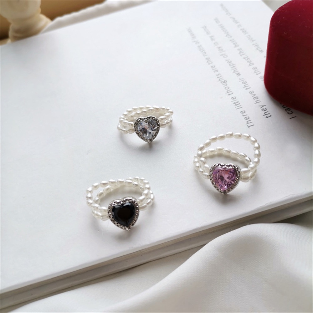 【COD Tangding】Cincin Bentuk Hati Double Layer Aksen Batu Kristal Mutiara Gaya Korea Untuk Wanita