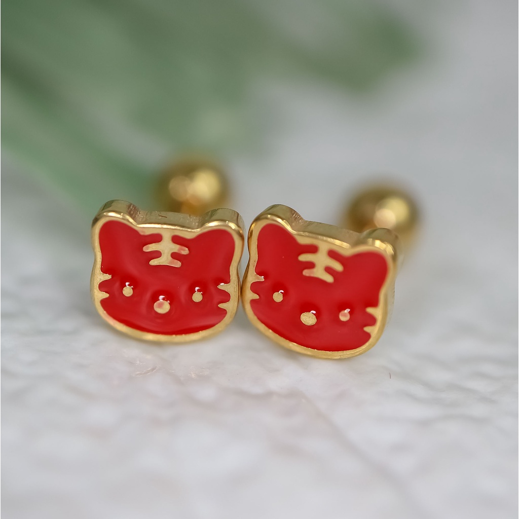 Anting baut kucing muka merah hitam titanium anti karat