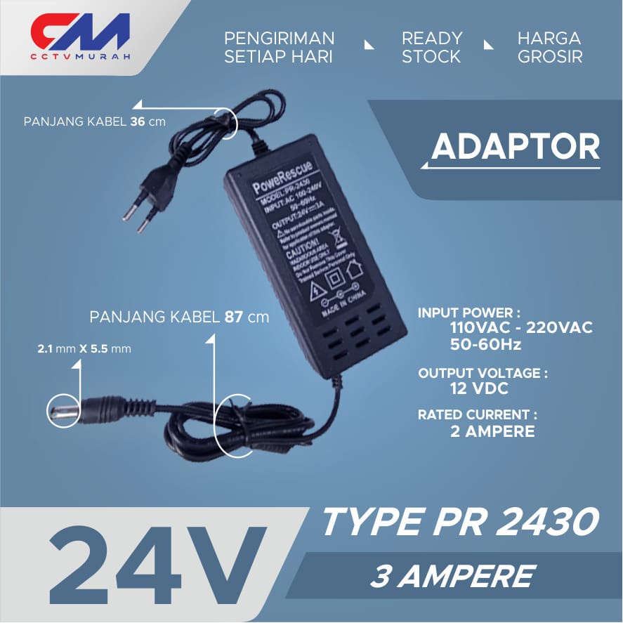 Adaptor 24V/3A || Type PR - 2430 || Adaptor With Jack 2.1 x 5.5 MM