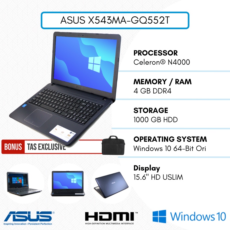 HOT SALE LAPTOP ASUS X543MA-GQ552T INTEL N4000 | RAM 4GB DDR4 | 1TB HDD | WINDOWS 10 | 15.6&quot; HD | GREY | BONUS TAS - TEKNO KITA