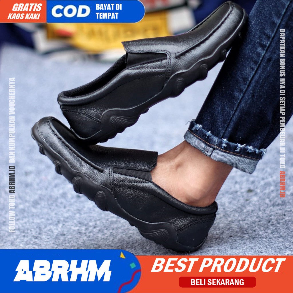 ABRHM x BARAN Sepatu Slip On Pria Sepatu Casual Pria Kulit Asli Ori Cowok/Cowo Sepatu Kerja Sepatu Kasual Semi Formal Gaya Santai Keren Kekinian Murah Original Terlaris