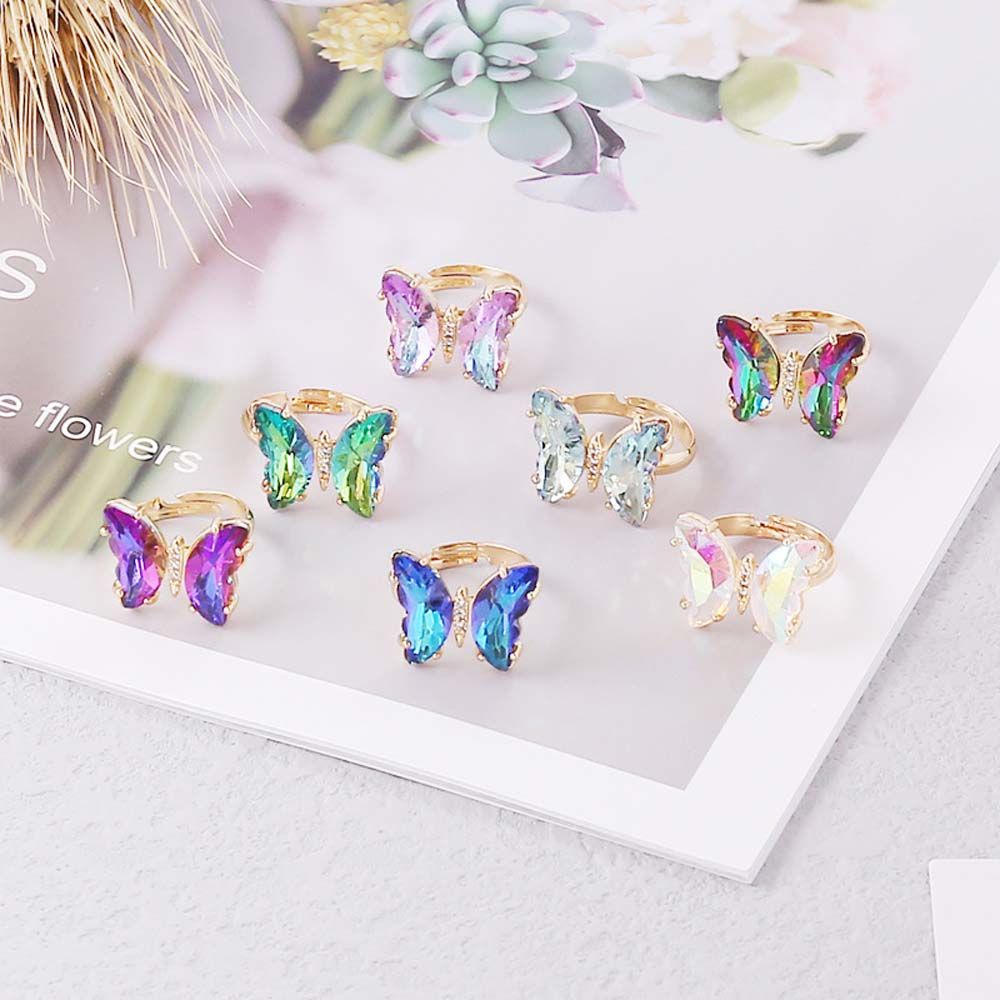 Needway  Temperament Butterfly Open Ring Girls Fashion Jewelry Finger Rings Women Gradient Color Korean Personality Adjustable Crystal/Multicolor