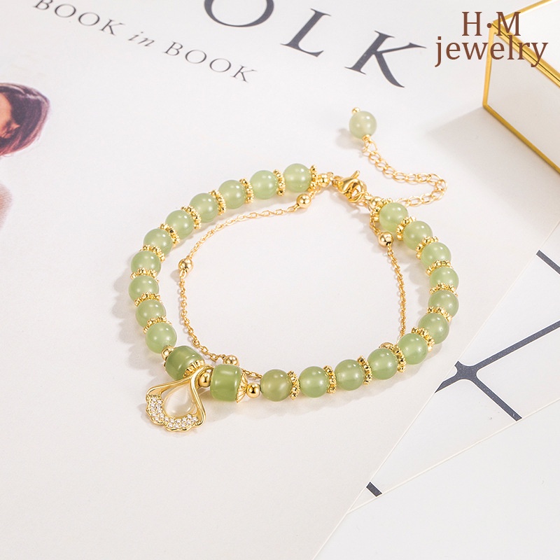 Gelang Giok Hetian Bentuk Daun Ginkgo Model Lapis Ganda Warna Aprikot