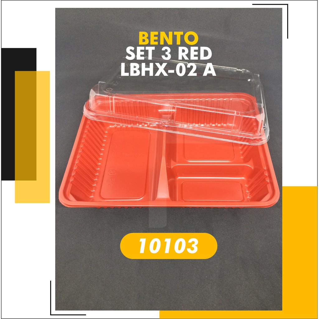 Tray Mika Bento Lunch Box 3 Sekat Merah isi @100 set + Tutup Mika