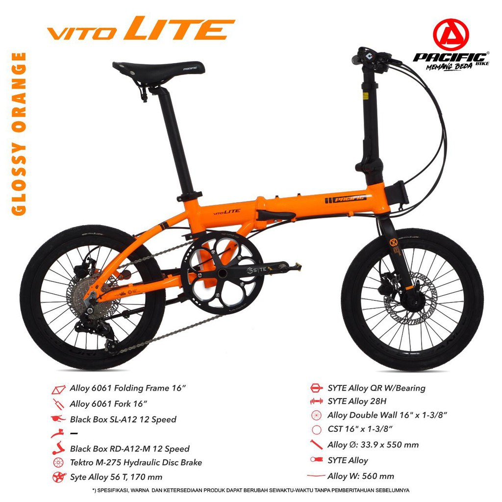 Sepeda folding lipat16 pacific ViTo Lite hydraulic 12 speed NEGO