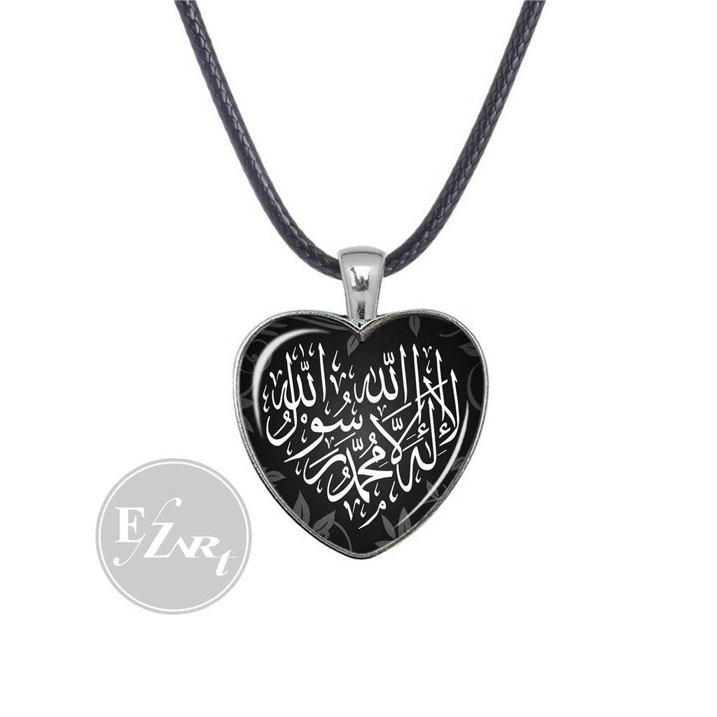 KALUNG LIONTIN HATI CINTA LAFADZ ALLAH MUHAMMAD TAUHID ISLAM MUSLIM KACA CEMBUNG TALI KULIT RANTAI STAINLESS STEEL