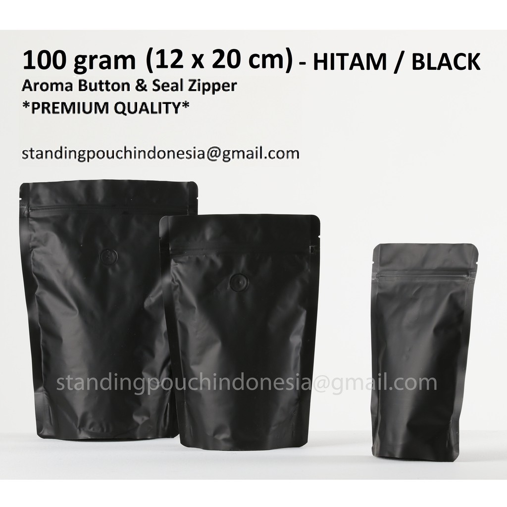 

Kemasan Kopi Standing Pouch 100g (50PCS) (VALVE + ZIPPER) HITAM *PREMIUM*