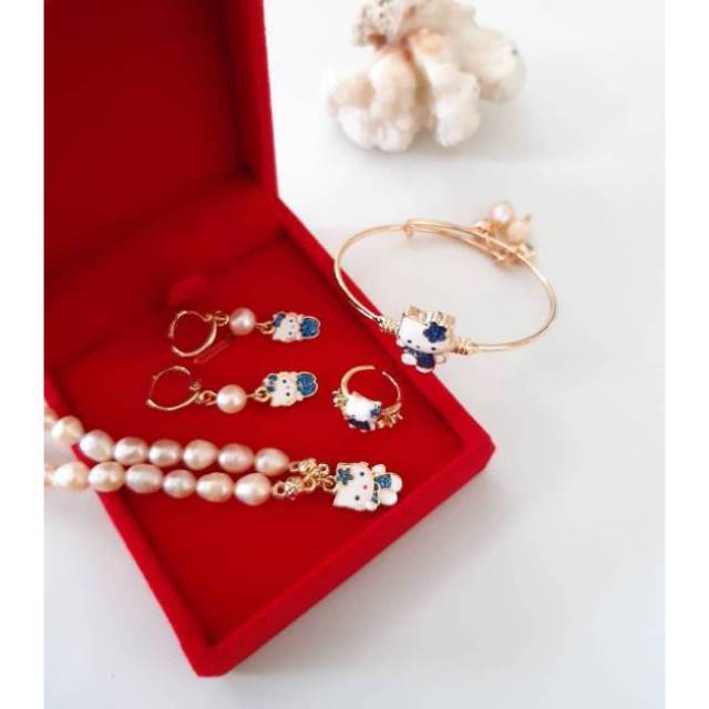 SA1 SETELAN PERHIASAN MUTIARA ANAK ASLI MUTIARA AIR TAWAR LOMBOK GAGANG RHODIUM