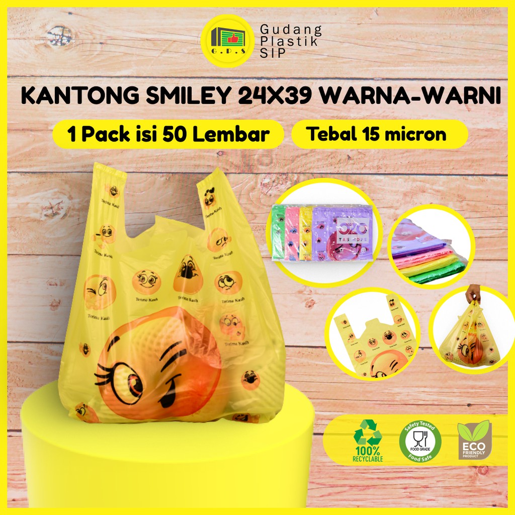 Kantong Plastik Kresek Warna-Warni Tebal Terima Kasih Smile UK 24x39 HDPE