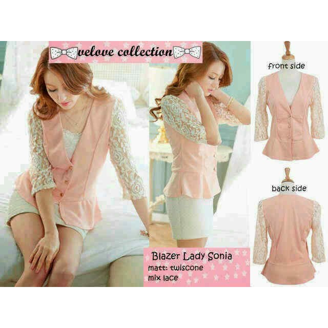 Blazer / Cardi / Cardigan / Kardigan / Outer Lady Sonia Brukat / Brokat / Lace Pink Putih B1014