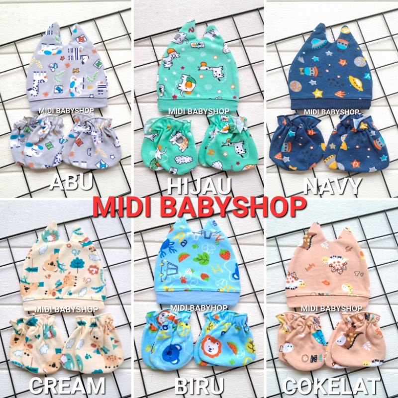 1 Set Topi dan Sarung Tangan Kaki Bayi Full Print Hany Baby Premium Quality SNI