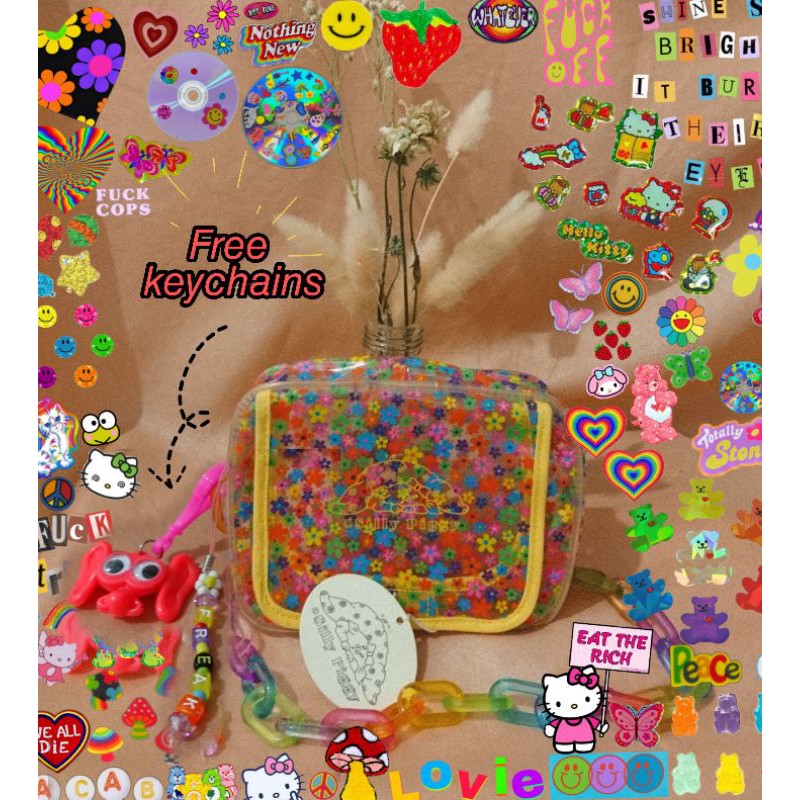 Tas vintage rantai retro handmade / shoulder bag murakami rainbow flower Tumblr aesthetic