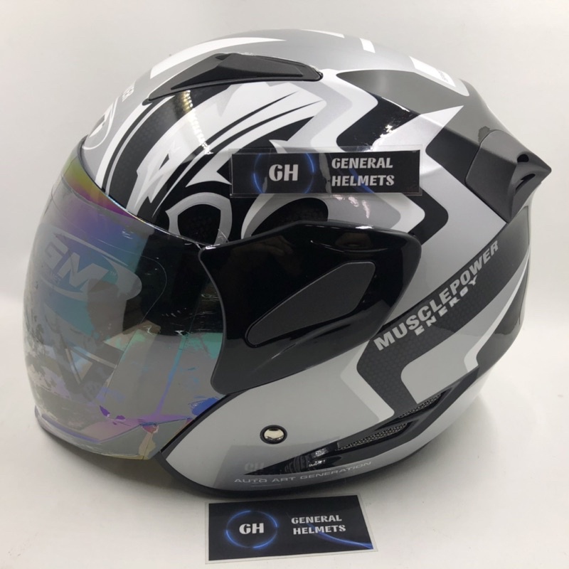 HELM GM FIGHTER MUSCLE POWER BLACK SILVER GLOSSY ABU HALF FACE