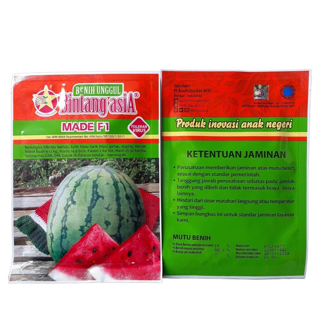 Bibit Semangka Hibrida Made F1 | Benih Semangka Bulat | Bintang Asia 20gr