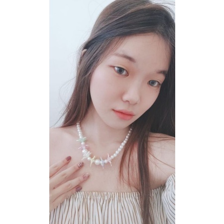 Deandra Flower Pearl Necklace Kalung Mutiara Korea Aksen Kelopak Bunga Warna Warni Korean Pearl Choker Necklace