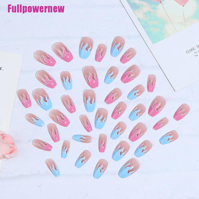 [Full] 24pcs KUKU PALSU Coffin Head Natural Fire Flame Nail Tips Fake Nails Full Cover