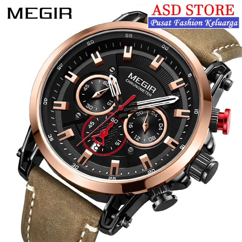 • ASD STORE ™ • MEGIR 2085 Jam Tangan Pria Tali Kulit Chrono Aktif