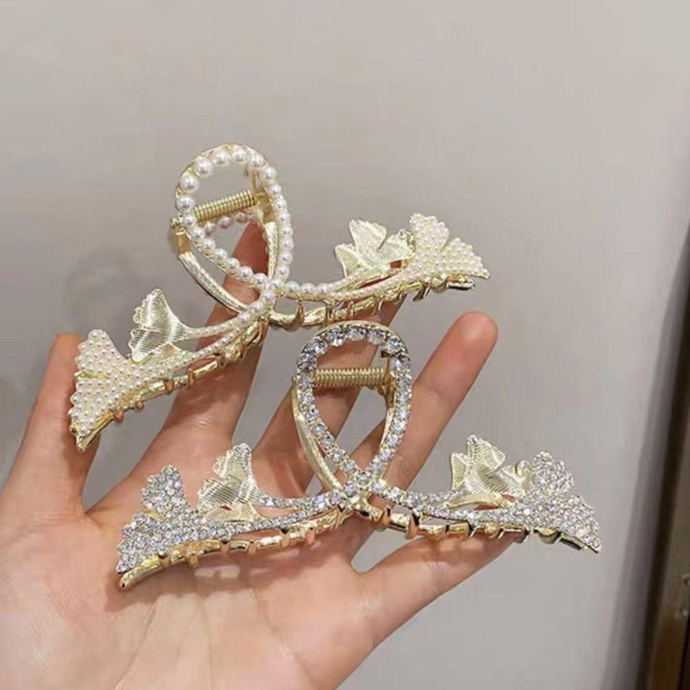 Needway   Perempuan Cakar Rambut Mewah Besar Elegan Fashion Berlian Imitasi Logam Bentuk Ginkgo