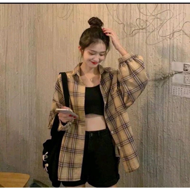 RD FASHION Kemeja Oslin Oversize | Kemeja Korea Jumbo Wanita | Bahan Creap - Fit to L-Crem