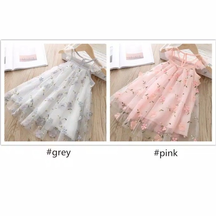 Dress tile pesta anak/dress brokat anak/dress brokat import anak - Abu-abu, 2-3 tahun