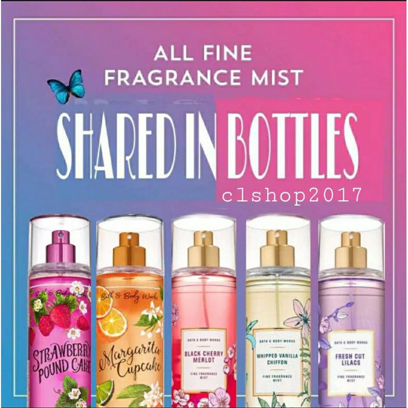 BBW MIST SHARE IN BOTTLE 20 - 25 ML PART 3/6 BLOOMING GARDEN SALTWATER BREEZE WARM VANILLA SUGAR PURE WONDER BLUEBERRY SUGAR PANCAKE PEACH PROSECCO MACAROON ROSE WATER &amp; IVY COCONUT PINEAPPLE PALM CREAM PIE SNOWY CITRUS SWIRL BLACK CHERRY MERLOT SWEET PEA