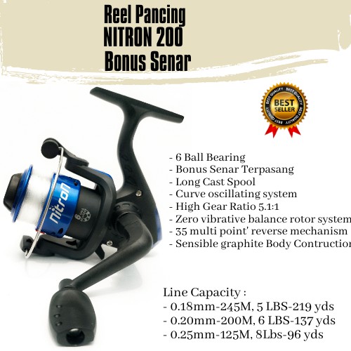 REEL SPINNING  NITRON 200  BODY MULUS SPOOL WARNA TRENDY  6 BEARINGS  KUALITAS IMPORT TERLARIS