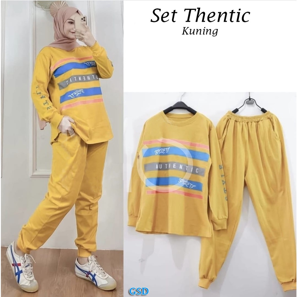 Thentic/ Outfit Wanita Jalan - Jalan  Setelan Baju Dan Celana Panjang OOTD Cewek Berhijab Bahan Babyterry Sablon Size M