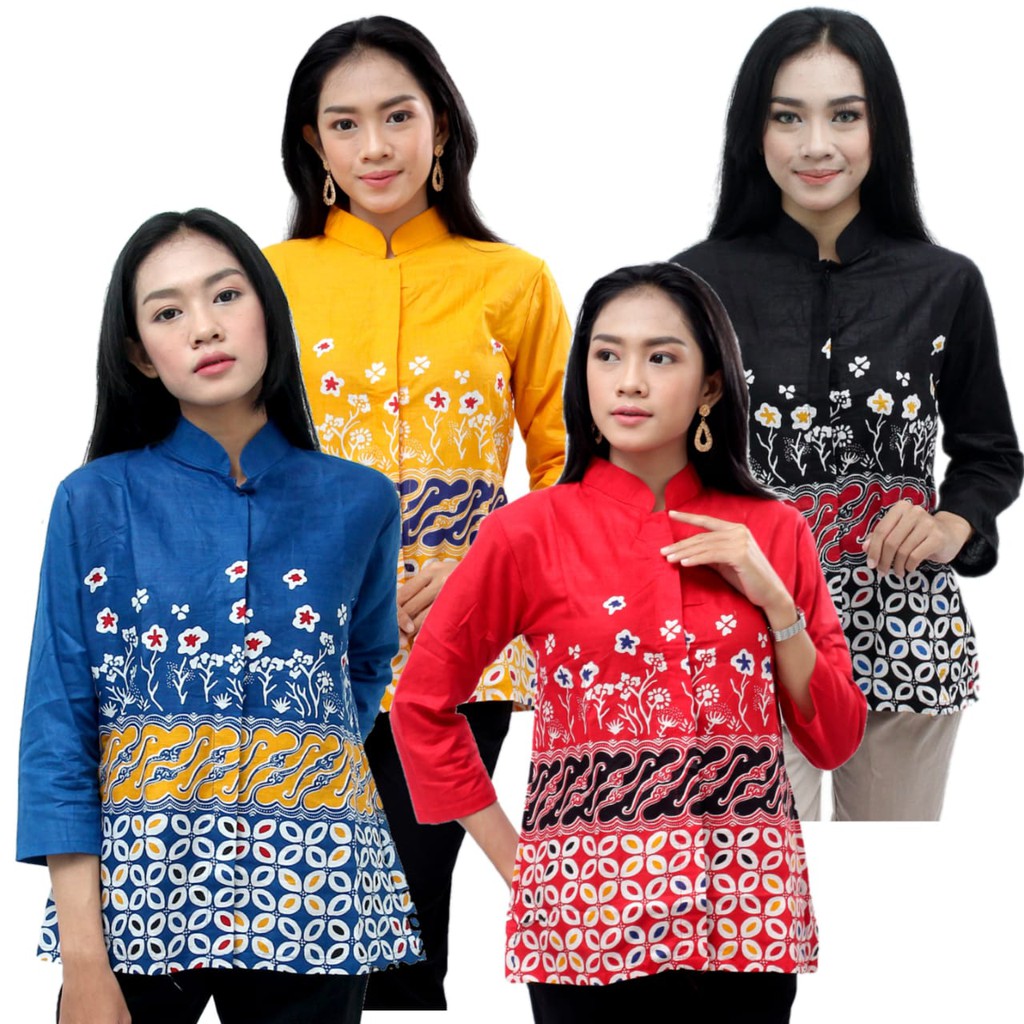 Batik Wanita Atasan Blouse Lengan Panjang Kancing Depan merah-kuning-biru-hitam