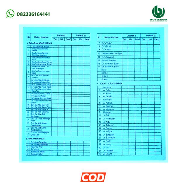 Contoh Kartu Hafalan Santri Soft Educaiton