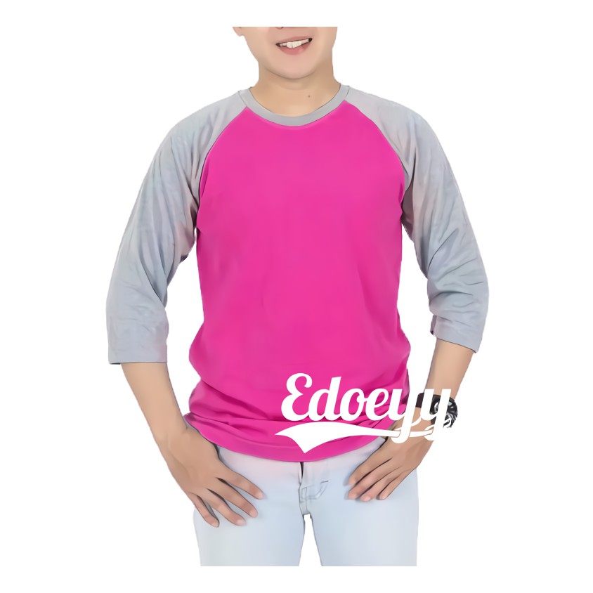 Kaos Raglan 3/4 Badan Pink Fanta Lengan Abu | Baju Reglan Lengan Tanggung | Raglan Badan Warna Pria