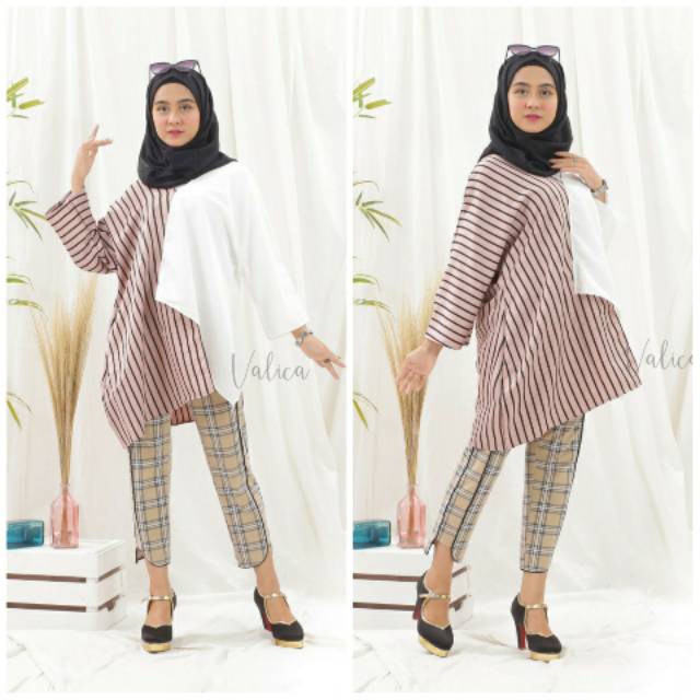 Blouse Asymetris Koombinasi Salur / Tunik Nagita