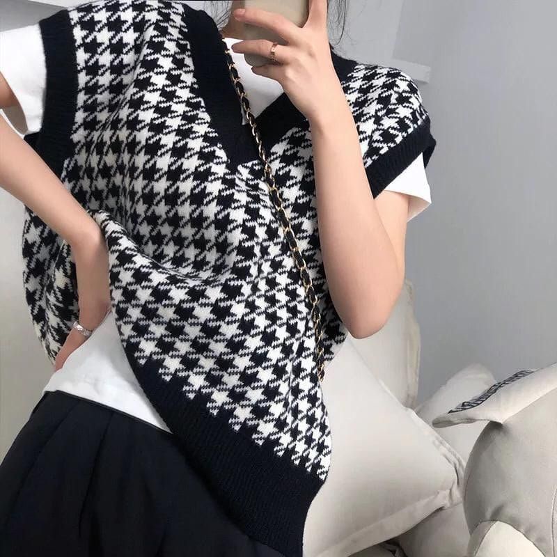 FX SHOP JENNIE VEST RAJUT HOUNDSTOOTH PREMIUM / ROMPI RAJUT