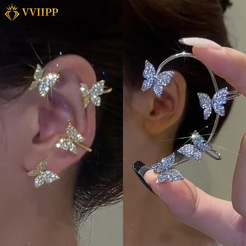 Anting Klip Desain Kupu-Kupu Aksen Kristal Warna Gold Silver Gaya Korea Untuk Wanita