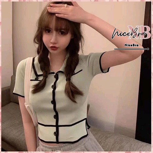 Nicebra Korean Collar Crop Top Atasan Kemeja Knit 4048